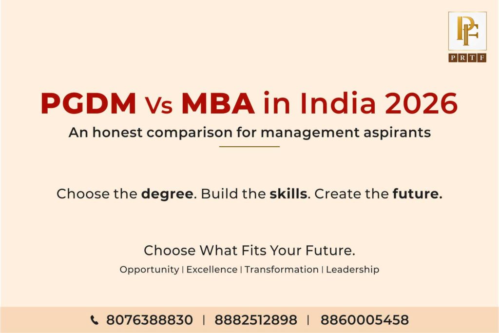 Comparison of PGDM and MBA programs in India highlighting curriculum, career opportunities, and industry relevance in 2026