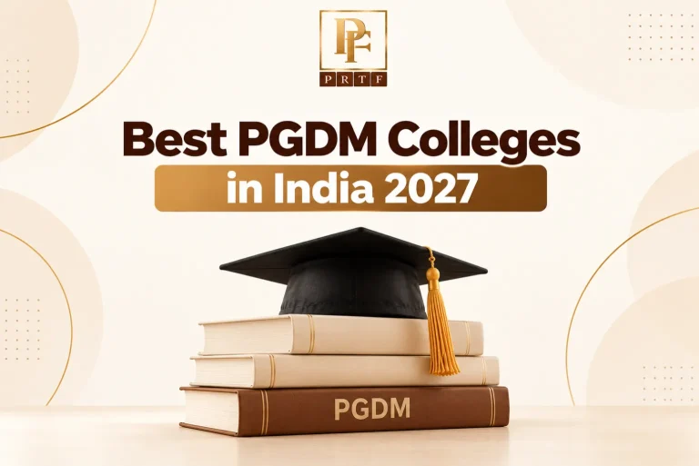 Best PGDM Colleges in India 2027 infographic featuring PGDM books, a graduation cap and the PRTF logo.