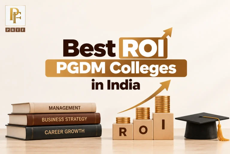 Best ROI PGDM Colleges in India banner featuring rising coin stacks on ROI blocks, a growth arrow, management books and a graduation cap.
