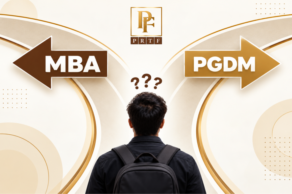 MBA vs PGDM comparison showing a student choosing between two management courses, with the PRTF logo.