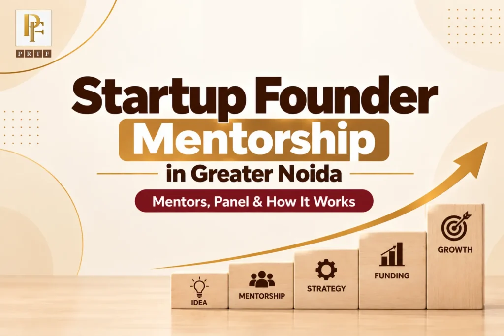 Startup founder mentorship in Greater Noida illustrated with stages of idea development, mentorship, strategy, funding and business growth.