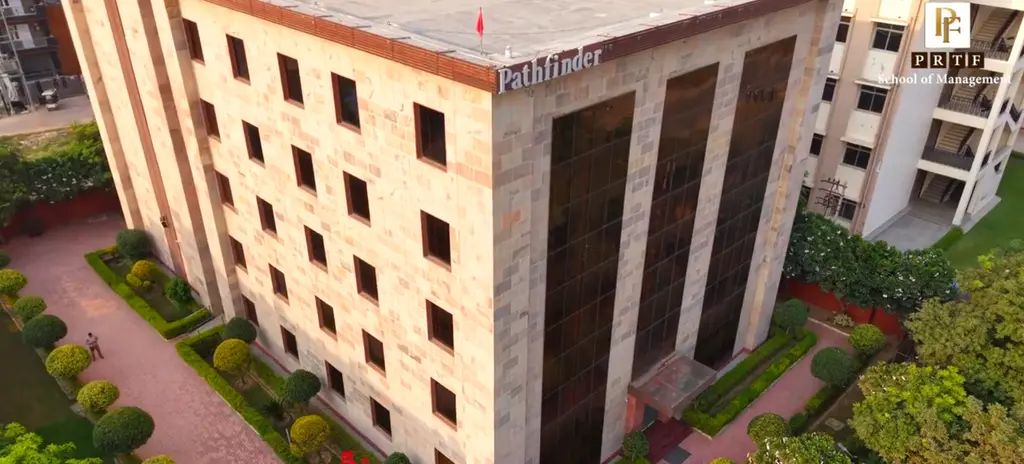Aerial view of the PRTF School of Management building at Knowledge Park III, Greater Noida