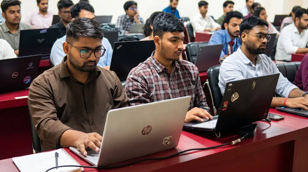 PGDM students working on laptops during a hands-on training session