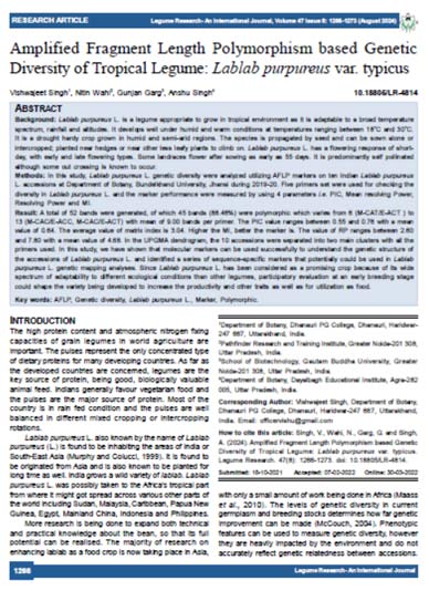 Amplified Fragment Length Polymorphism based GeneticDiversity of Tropical Legume: Lablab purpureus var. typicus