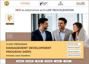 Banner for the 3-Day Management Development Program (MDP) by PRTF in association with Life Tech Elevation featuring the tagline Innovate. Lead. Transform