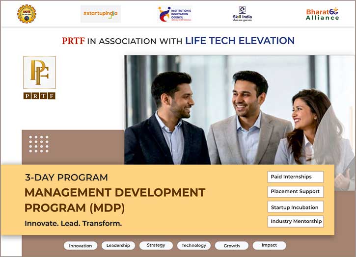 Banner for the 3-Day Management Development Program (MDP) by PRTF in association with Life Tech Elevation featuring the tagline Innovate. Lead. Transform